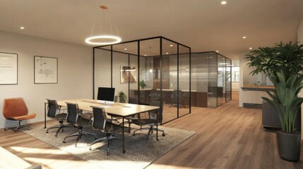 Fototapeta premium A large open office space with a potted plant in the corner