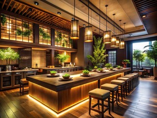 Elegant Asian Restaurant with Sleek Bar Counter Offering a Sophisticated Dining Experience and Fusion of Flavors in a Cozy, Ambient Setting