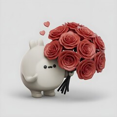 A cute, rabbit  bunny holding a large bouquet of red roses,  presenting with love. 