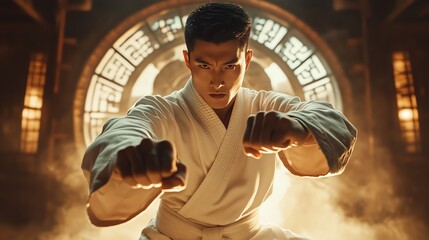 Focused martial artist in a fighting stance.