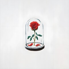 Minimalist cartoon depiction of a rose enclosed within a glass dome. Valentine love