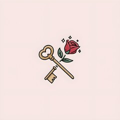 Minimalistic illustration design with a key and a rose. magical or special aura.