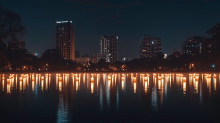 Fototapeta premium Nighttime reflection of city lights on water urban landscape photography serene environment night view cityscape illumination