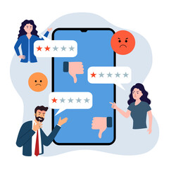 Customer complaints with dissatisfaction feedback on mobile screen in flat design.