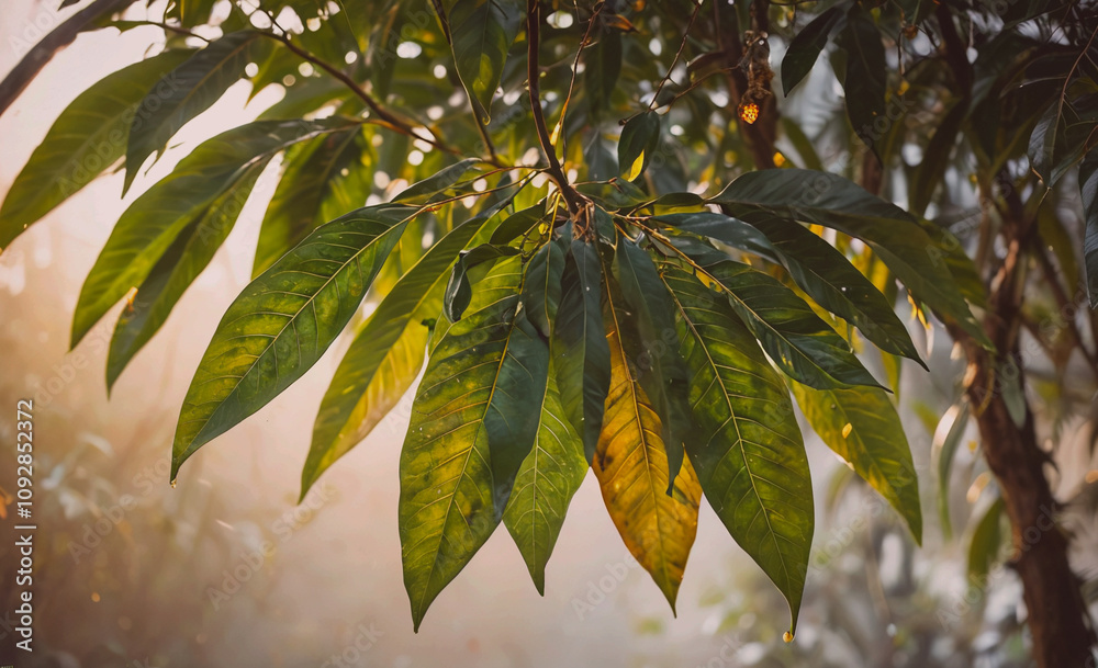 Aufkleber tree branch is covered in green and yellow leaves, basking in the sunlight. the leaves are large and