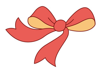 Trendy flat style Red and gold ribbon bow. Hand drawn red and yellow bowknot for decoration gift bowtie. Vector illustration