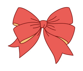 Trendy flat style Red and gold ribbon bow. Hand drawn red and yellow bowknot for decoration gift bowtie. Vector illustration