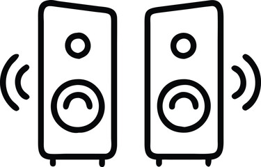 Dual speakers with sound wave icons, Black outline illustration of two speakers emitting sound waves, symbolizing stereo audio or a sound system in a minimalist design.
