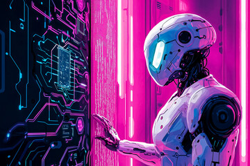 White robot in futuristic purple environment using smart computer, illustrated image style. Image created with AI