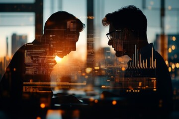 In a dimly lit office setting, two men engage in a conversation, with visual digital data overlays, illustrating collaboration and futuristic tech-focused dialogue and ideas.
