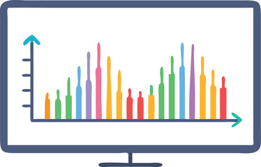Colorful bar graph on monitor screen, Illustration of a monitor displaying a colorful bar graph with axes, representing data visualization or statistical analysis in a modern design.
