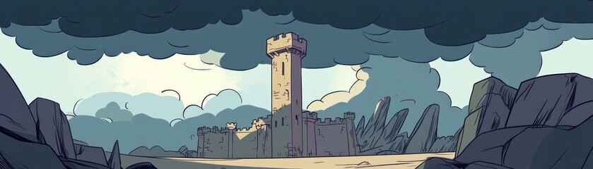 Fototapeta premium A dramatic landscape featuring a tall, ancient tower amidst rocky terrain and dark clouds.