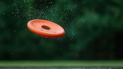 Water droplets flying from a wet frisbee during a game at the park, frisbee splash, active summer fun