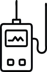 Portable audio recorder with waveform display, Black outline illustration of a portable audio recorder featuring a small screen showing a waveform and connected cables, symbolizing sound recording.
