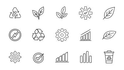 A set of icons for recycling, gears, graphs, and other environmental concepts