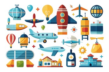 Naklejka premium A colorful collection of various objects, including airplanes, rockets