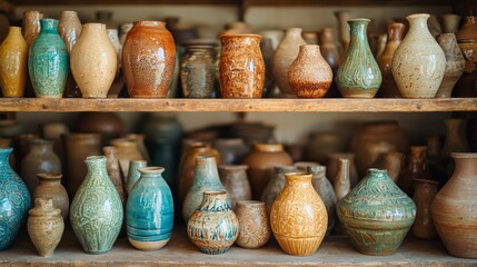 wooden shelves filled with ceramic vases and pottery