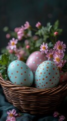 Polka-dot Easter eggs in wicker basket with flowers