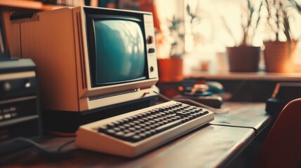 A vintage computer setup on a wooden desk with plants in the background.