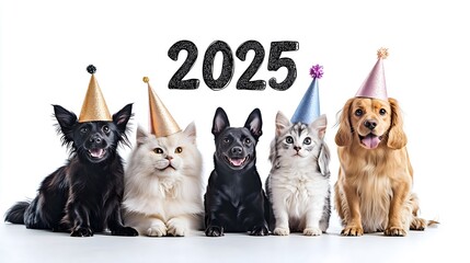 Cute dogs and cats celeberate 2025 Happy New Year ,Animal Party ,wear party hats, with "2025" written in a playful by fun font.