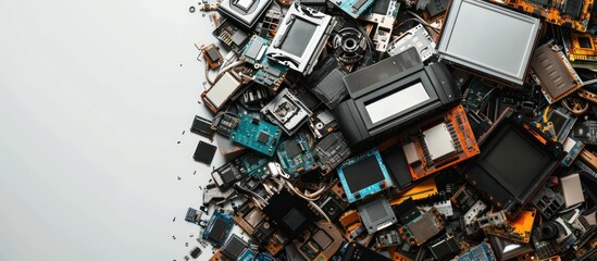 High angle view of old electronic waste, broken televisions and computers.