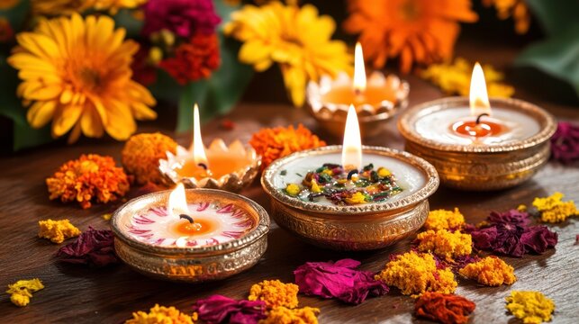 Festival celebration with diya lamps colorful flowers home decor warm ambience close-up view cultural significance