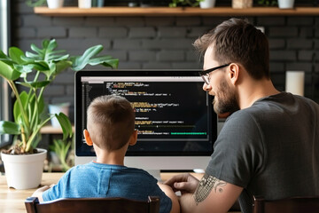 Father teaching his son basic coding on a laptop, both focused on the screen