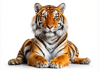Fototapeta premium Majestic Tiger Sitting Gracefully, Gazing Directly at the Camera Against a Crisp White Background, Perfectly Framed Using the Rule of Thirds for Stunning Visual Appeal