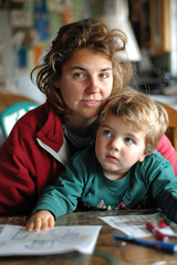 Fototapeta premium A mother explaining math problems on a whiteboard, child sitting attentively at desk