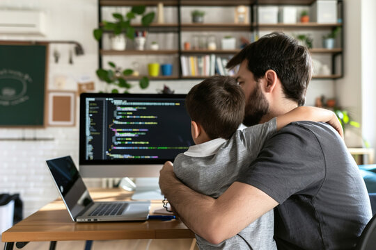 Father teaching his son basic coding on a laptop, both focused on the screen