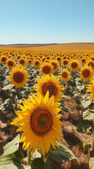 Obraz premium A photo of a field of mature sunflowers with a photorealistic style. The sunflowers are in full bloom, with their yellow petals radiating 