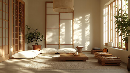 Fototapeta premium Japanese Zen style living room. Concept of tranquility, minimalism, and serenity.