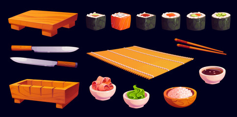Cartoon japanese utensils for sushi and rolls, asian cuisine food cooking tools. Vector maki sushi rolls, chopsticks and knives, soy sauce, rice, wasabi or ginger bowls, bamboo mat, wooden plate, mold © Vector Tradition