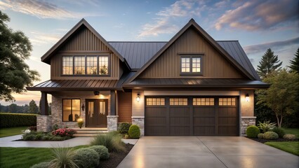Modern Farmhouse Aesthetic with Dark Brown Garage Door and Inviting Front Porch in a Minimalist Style, Emphasizing Clean Lines and Natural Surroundings for a Serene Atmosphere