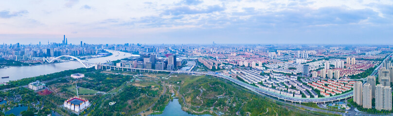Aerial view of Shanghai skyline at sunset