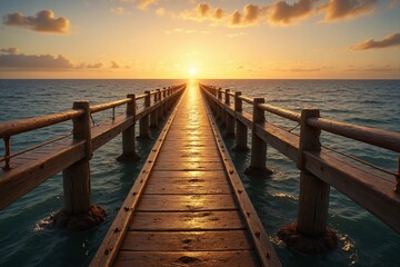 Obraz premium Serene Sunset Ocean Pier Tranquil Wooden Pathway to Horizon