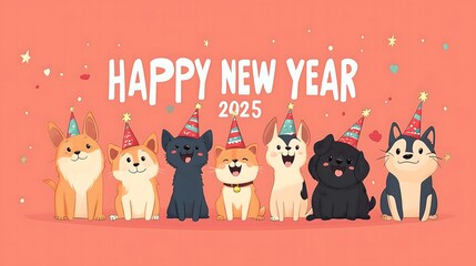 Cute dogs  celeberate 2025 Happy New Year ,Animal Party ,wear party hats, with "2025" written in a playful by fun font.