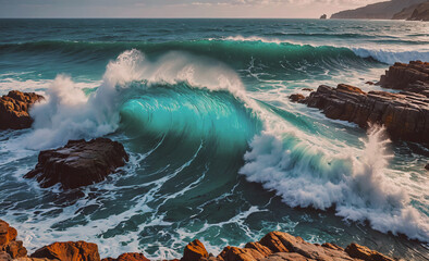 Large wave is crashing on a rocky shore. The water is blue and the rocks are brown