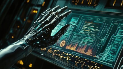 Fototapeta premium A robotic hand interacts with a futuristic digital interface displaying data and graphs.