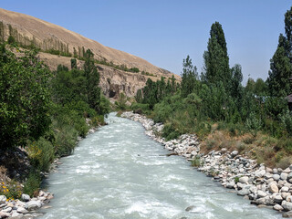 Stream in the mountains in summer. Vivid photographs of natural landscapes. Travel photo.
