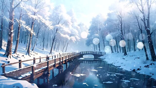 Snowy forest with wooden bridge crossing calm reflective winter stream Seamless looping 4k time-lapse animation video background  