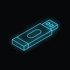 Neon glowing icon of usb flash drive with blue light effect isolated on black background