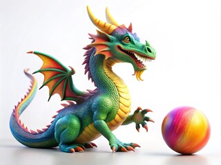 Obraz premium Playful Dragon Engaging with Colorful Ball in a Minimalist Setting, Perfect for Fantasy Themes and Children's Illustrations on a Clean White Background
