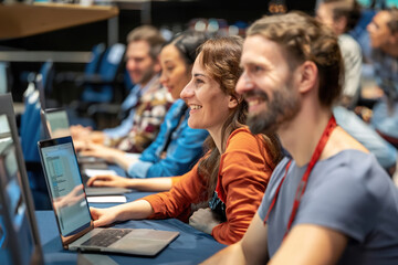 Adults Learning to Code focused on laptops, learning programming in a modern classroom environment