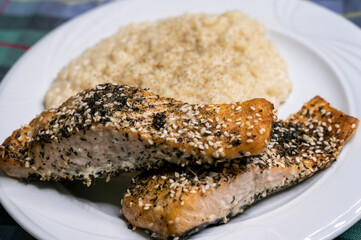 Grilled Salmon Slices with Sesame, Seasoning and Herbs