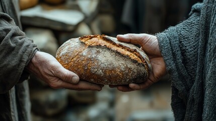 Symbolic image of Jesus giving bread to a beggar's hands