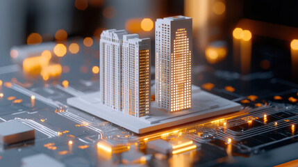 Architect viewing 3D building on augmented screen, A detailed model of urban buildings on a circuit board, symbolizing the intersection of technology and architecture.