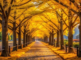 Fototapeta premium Serene Autumn Scene of Ginkgo Trees at Sunset in Hongcheon: A Traveler's Oasis Amidst Golden Leaves and Tranquil Beauty