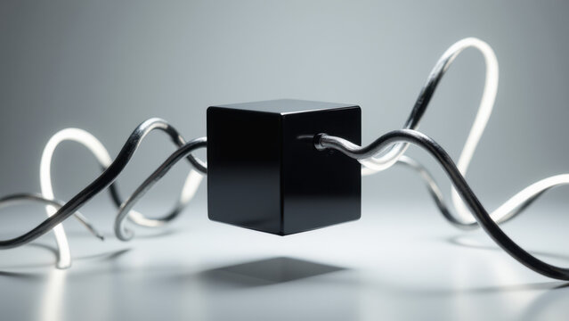 Abstract representation of an AI's decision-making process with swirling cords around a black box on a reflective surface.