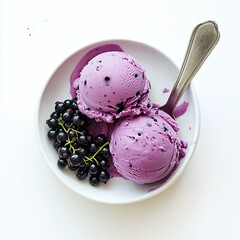 Purple ice cream with blackcurrants in white bowl.